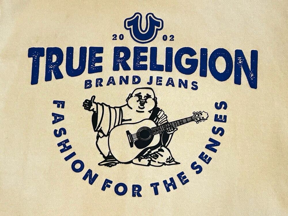 True Religion Buddha Guitar Full Zip Hoodie Cream Logo Sweatshirt Medium